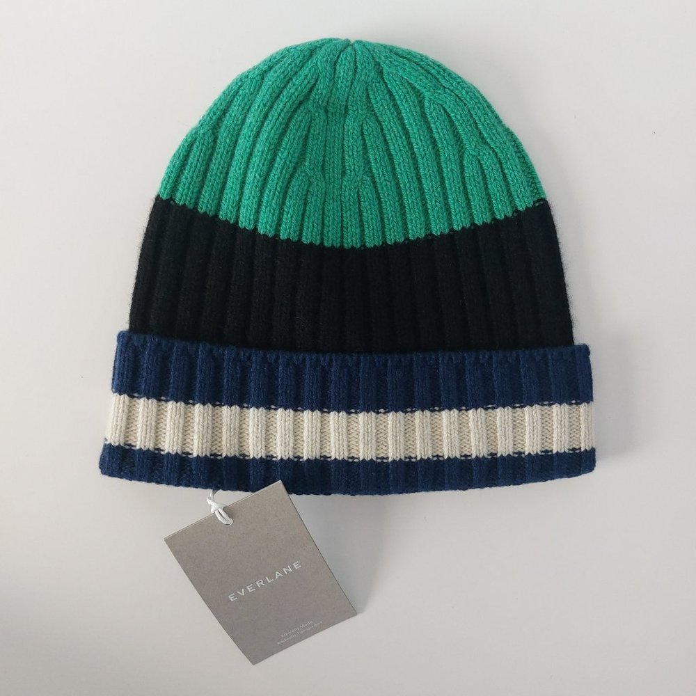 Everlane Cashmere Beanie Unisex NEW Blue Green Striped Knit Hat Holiday Gift NWT - Picture 2 of 10